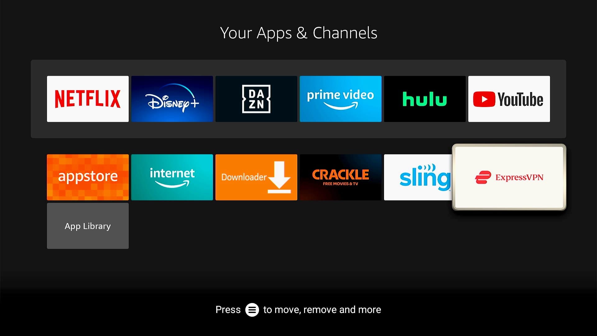 The ExpressVPN app located within the Fire TV Apps menu