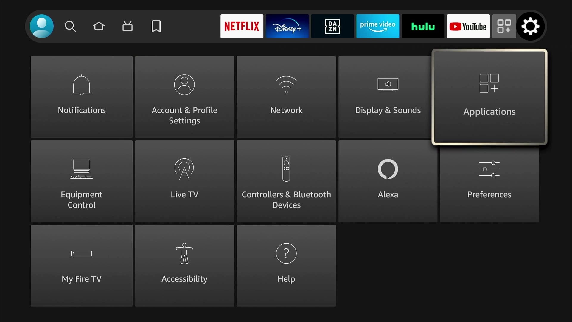 The settings menu on Fire TV