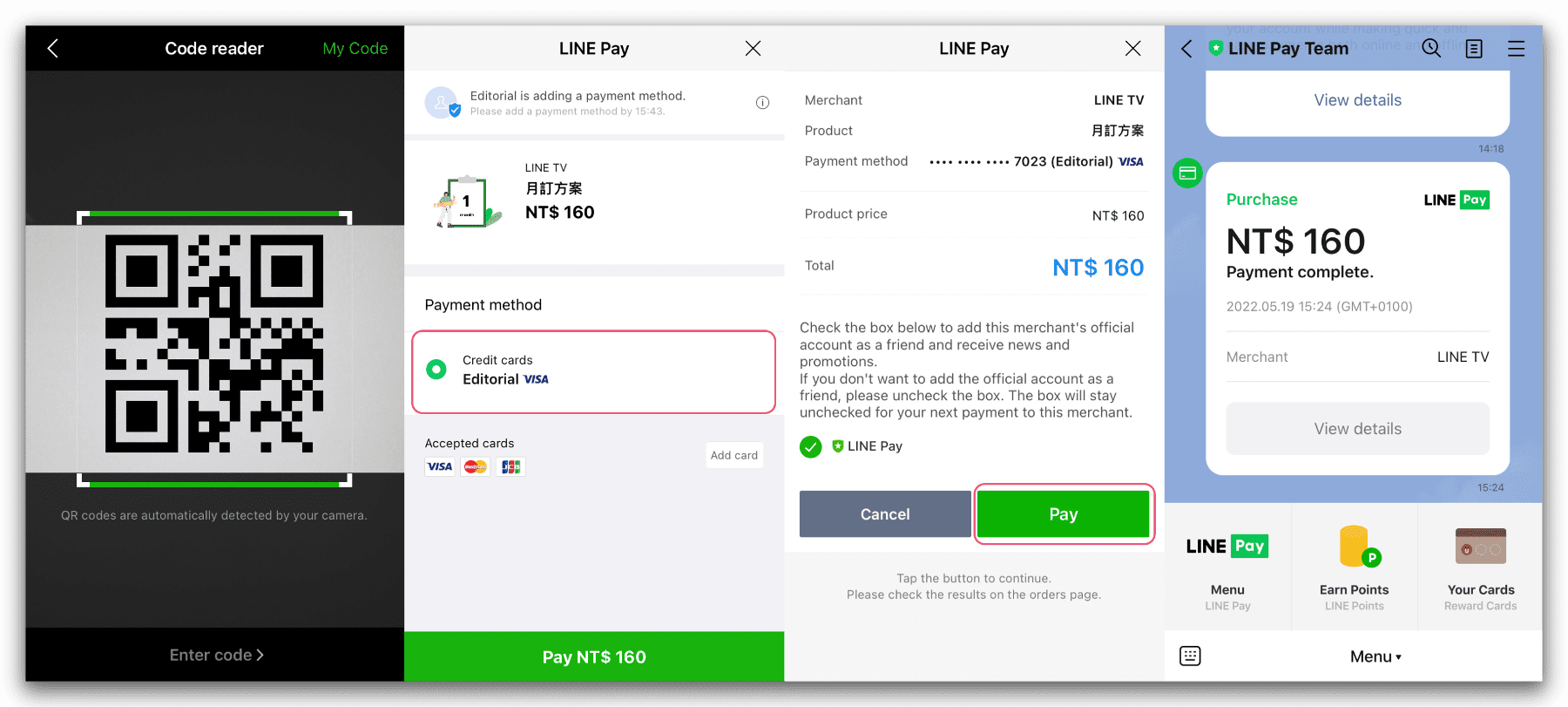 Screenshots of how to pay for LINE TV VIP membership using LINE Pay on your mobile.