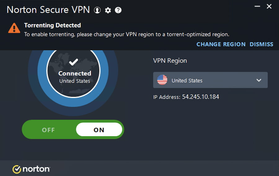 Norton Secure VPN blocca il Torrenting al di fuori dei Paesi Bassi.