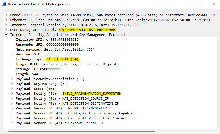 Ispezione del nostro traffico Norton VPN con Wireshark.
