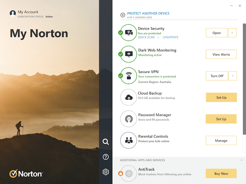Zrzut ekranu z aplikacji Norton 360 w systemie Windows