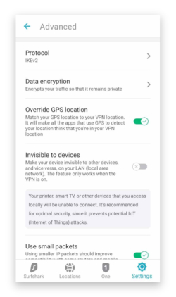 Zrzut ekranu z ustawień aplikacji Surfshark na Androida, pokazujący jak włączyć funkcję GPS Override