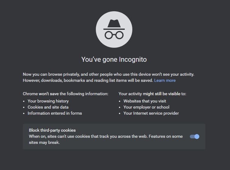 Incognito mode screenshot