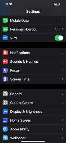 VPN toggle turned on in the iPhone settings