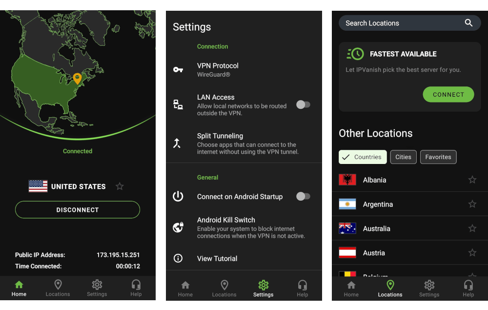 Schermata dell’app di IPVanish per Android