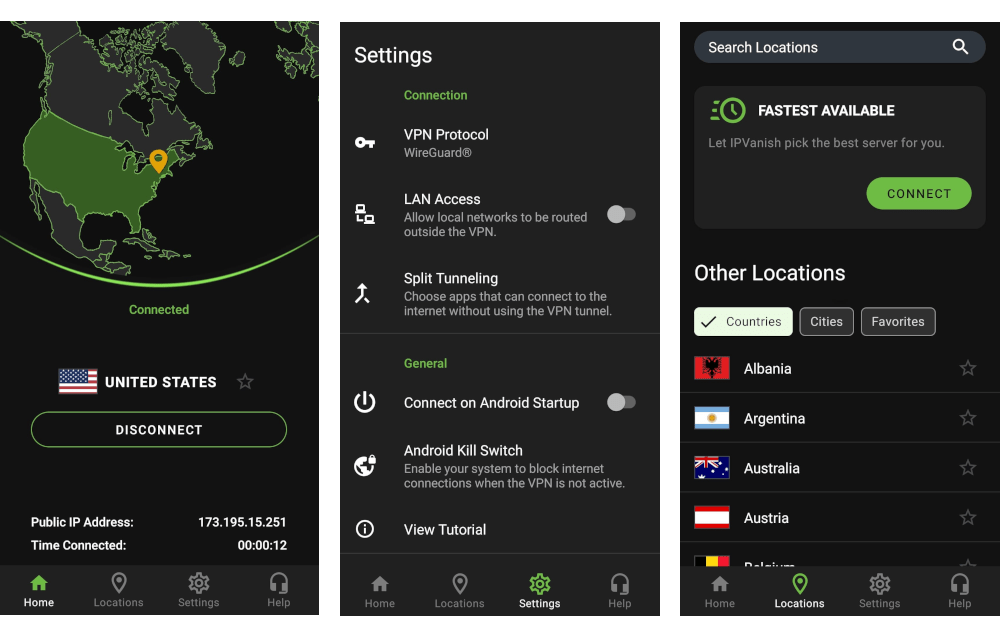 Captura de pantalla de la aplicación de IPVanish para Android