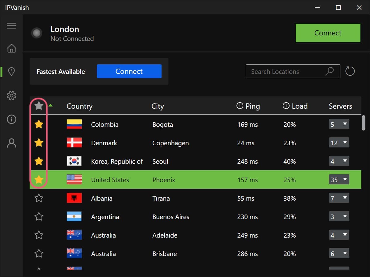 Captura de pantalla de los servidores preferidos en IPVanish
