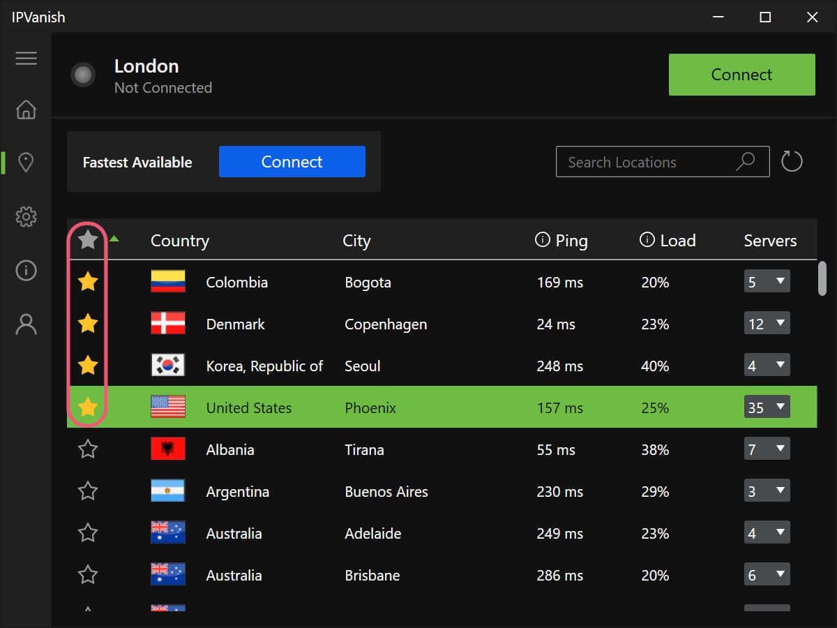 Ipvanish में सर्वर का पसंदीदा