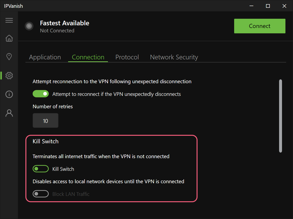 Zrzut ekranu ustawień funkcji Kill Switch IPVanish w systemie Windows