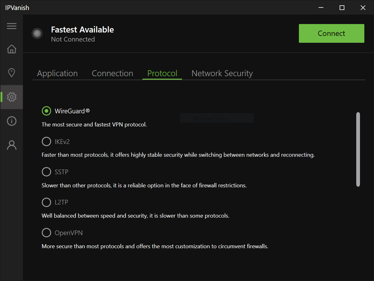 IPVanish's protocol settings on Windows