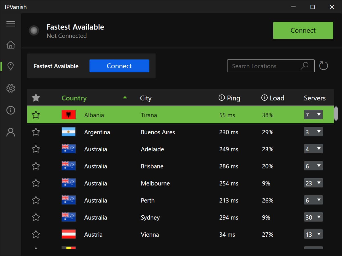 Screenshot of IPVanish's server network on Windows