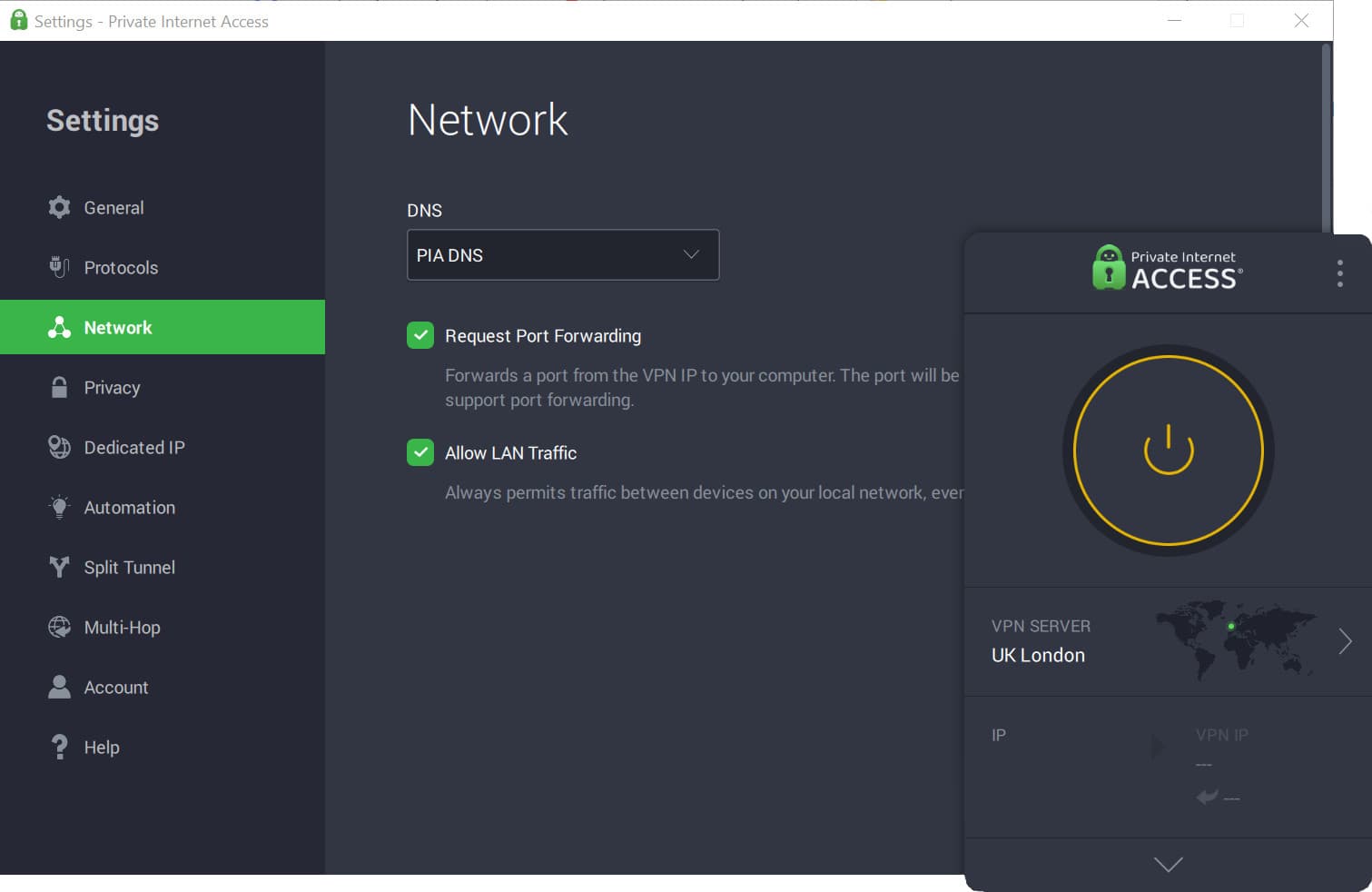 PIA's port forwarding settings menu