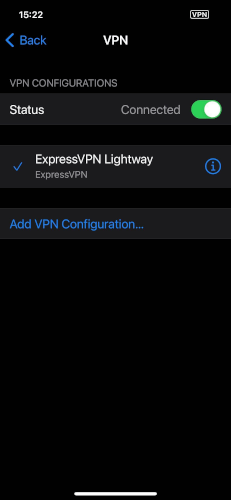 VPN Connected Status in the VPN & Device Management iPhone setting