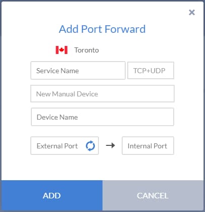 Menu de transfert de port de Windscribe