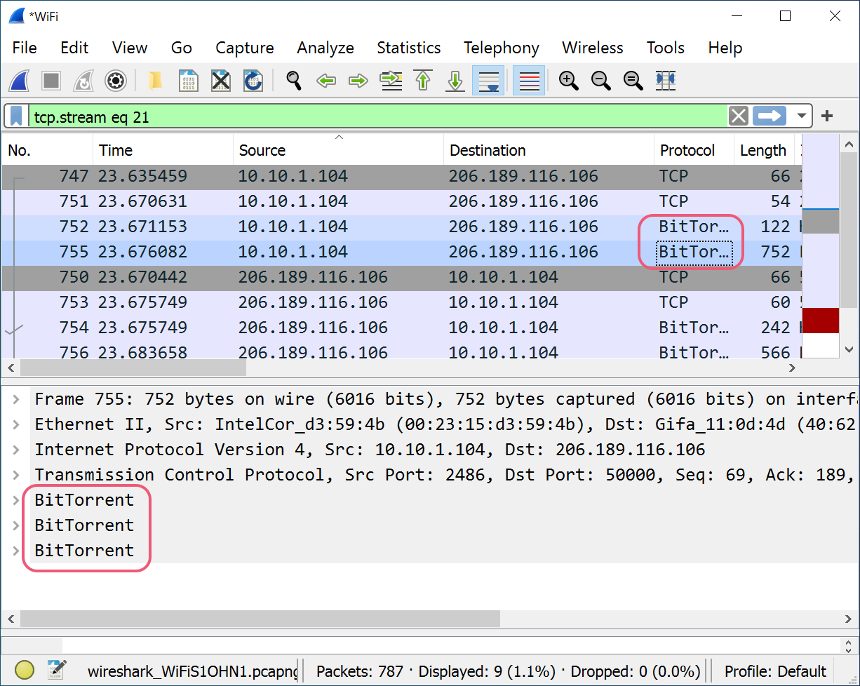 Wireshark test detecting a BitTorrent protocol