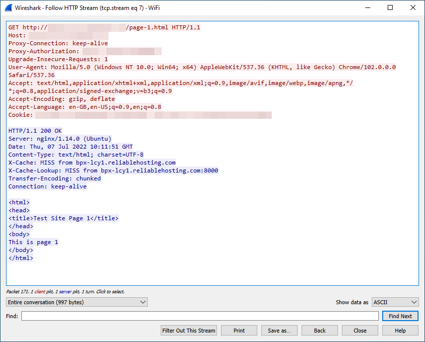 Los resultados una conexión sin cifrado de un proxy en Wireshark