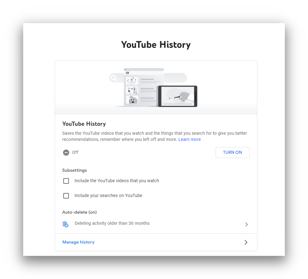 YouTube History settings