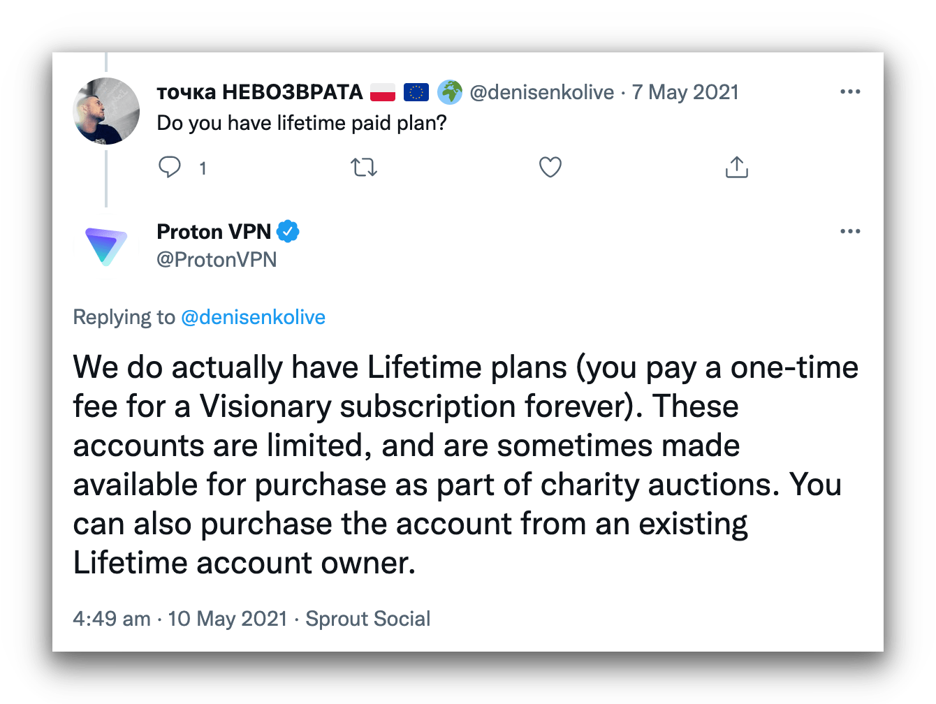 Twitter conversation between Proton VPN and a customer asking if it offers a lifetime paid plan.