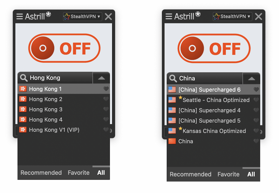 Le client macOS d'Astrill recherche des serveurs optimisés pour Hong Kong et la Chine. 