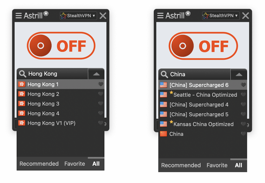 Der macOS-Client von Astrill, der nach für Hongkong und China optimierten Servern sucht. 