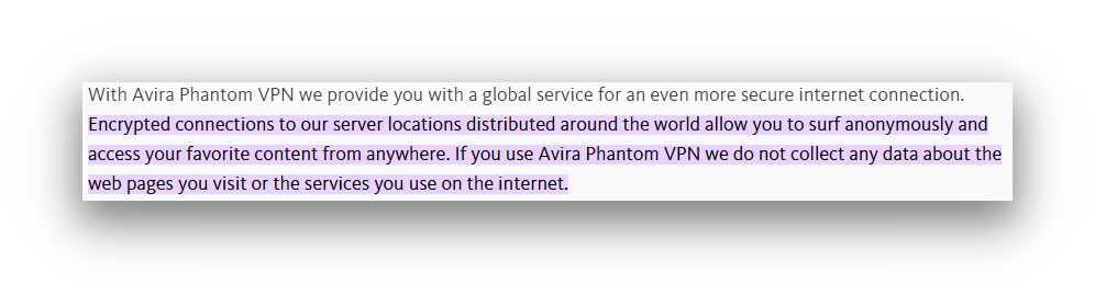 Avira Phantom VPN's logging policy