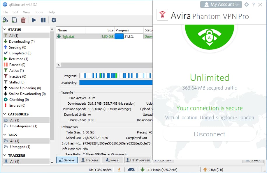 Using Avira Phantom VPN Pro with qBittorrent screenshot