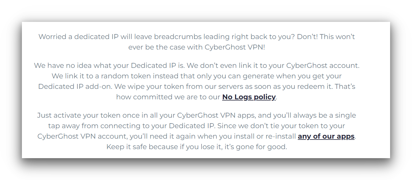 An extract from CyberGhost's website explaining its token system