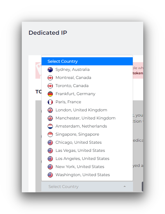 The available server locations for CyberGhost's dedicated IP address