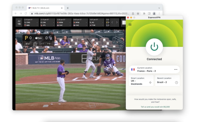 Usando ExpressVPN para acceder a partidos de la MLB geobloqueados.