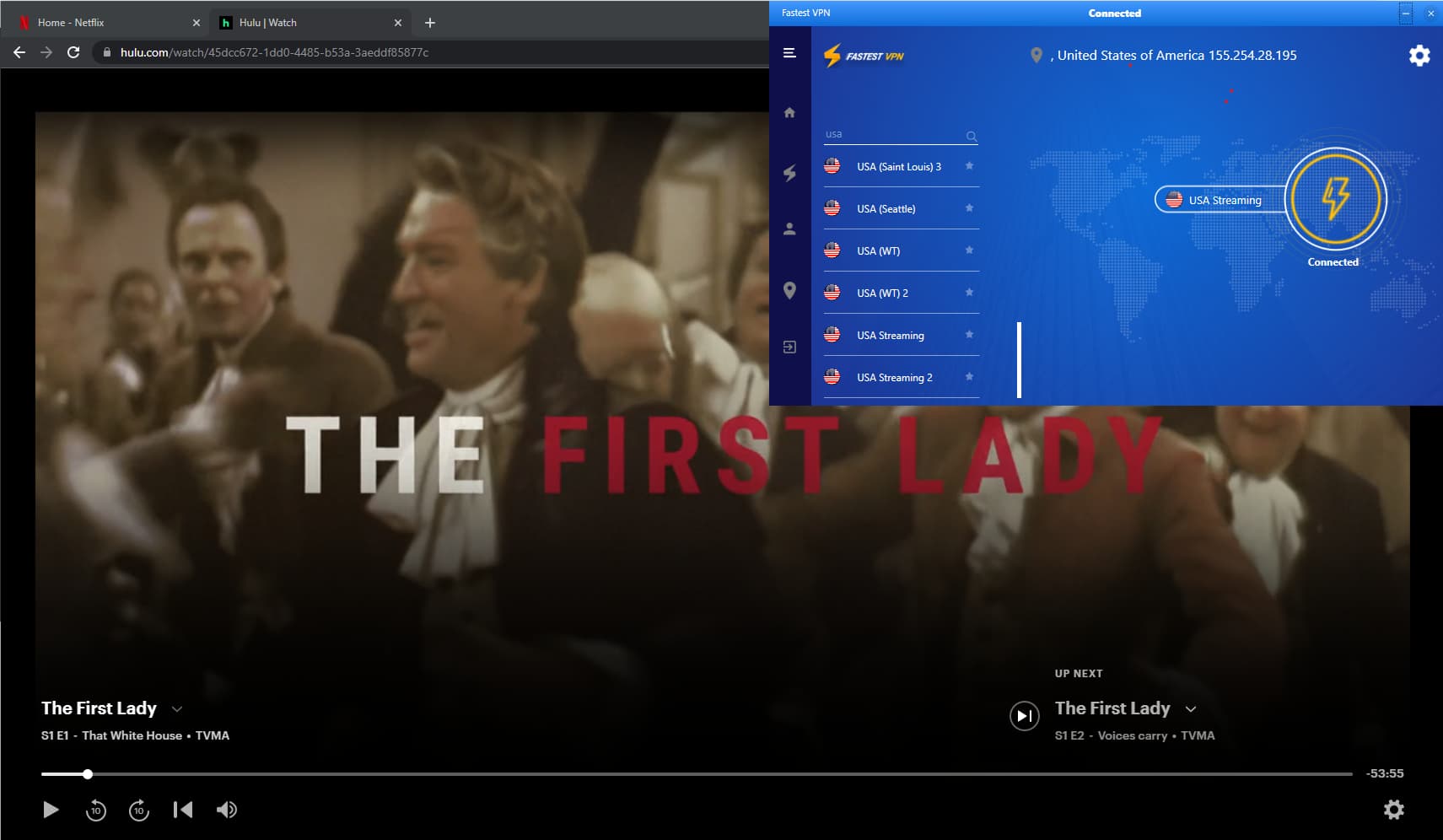 Screenshot of FastestVPN unblocking The First Lady on Hulu.