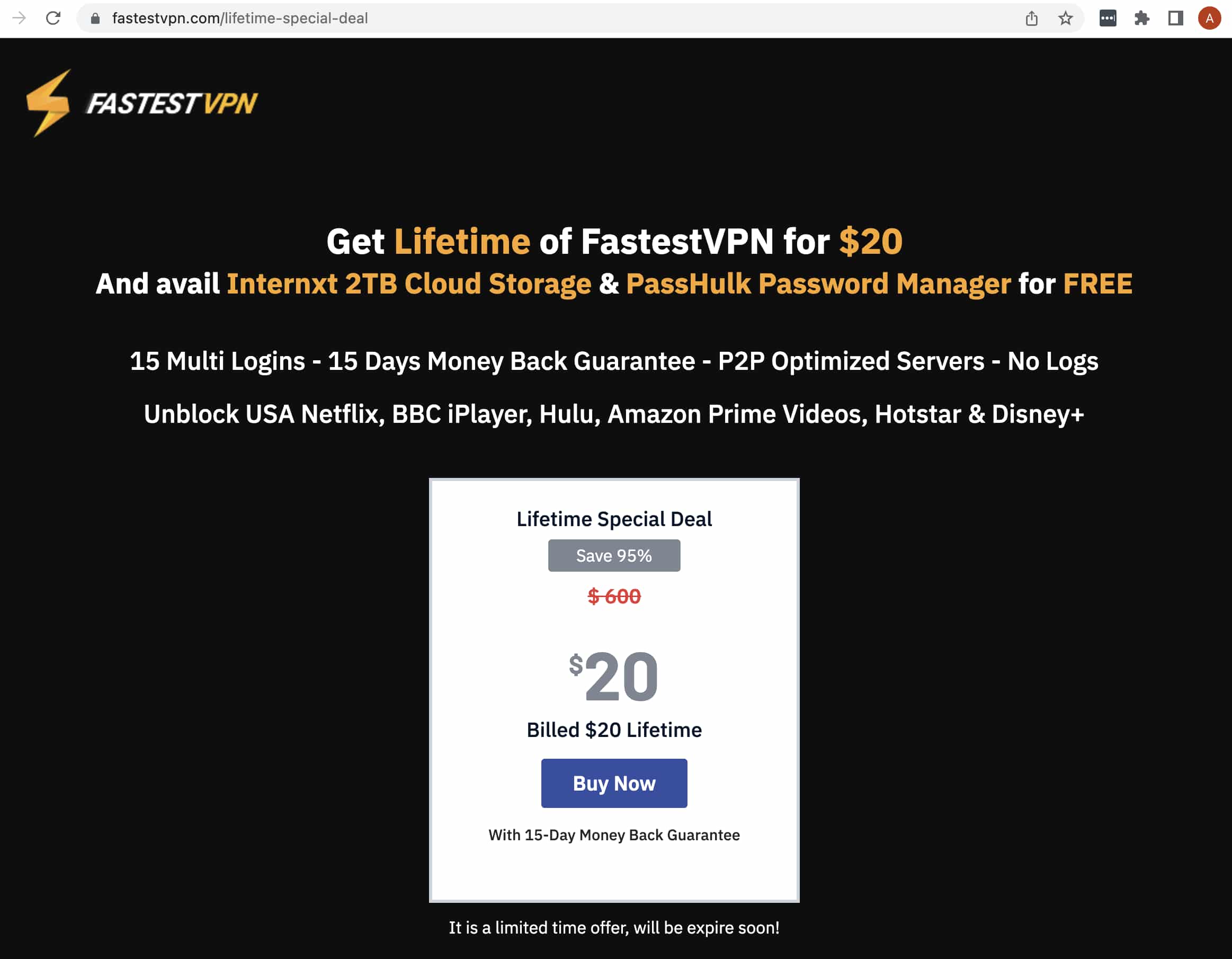 FastestVPN's lifetime subscription is available on its website.
