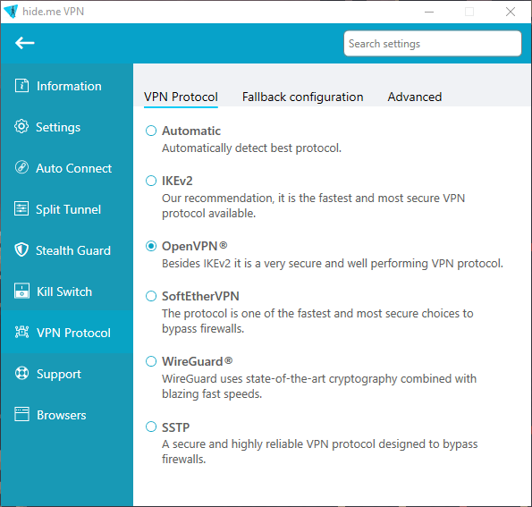 Configuración de selección de protocolo en el cliente Hide.me Windows