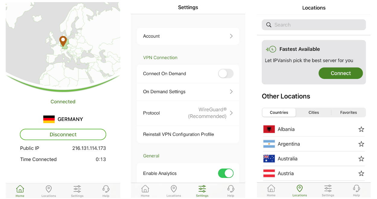 Una captura de pantalla de la aplicación de IPVanish para iOS. 