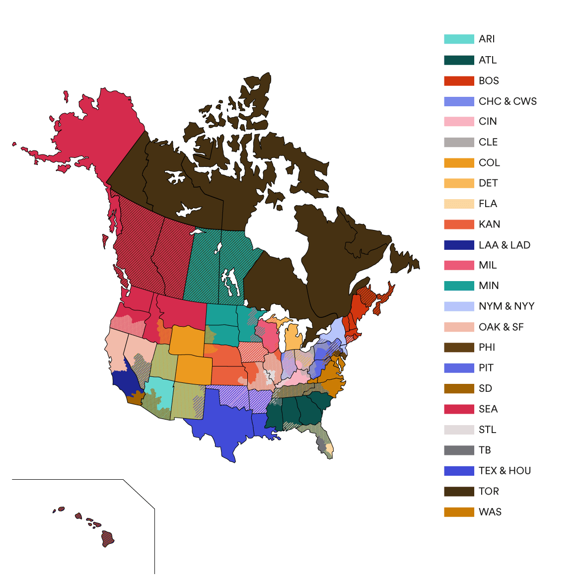 Map showing all MLB blackout regions in the United States and Canada