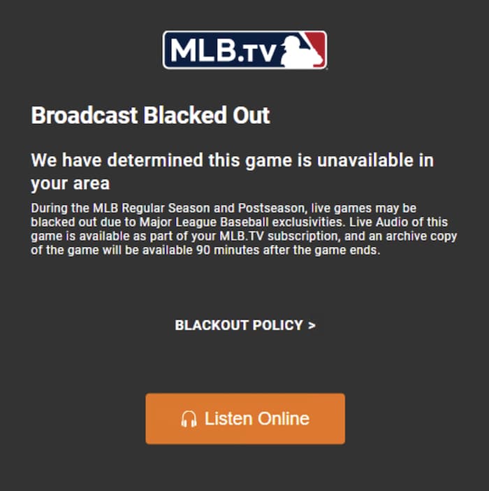 MLB.tv's "Broadcast blacked out" error message