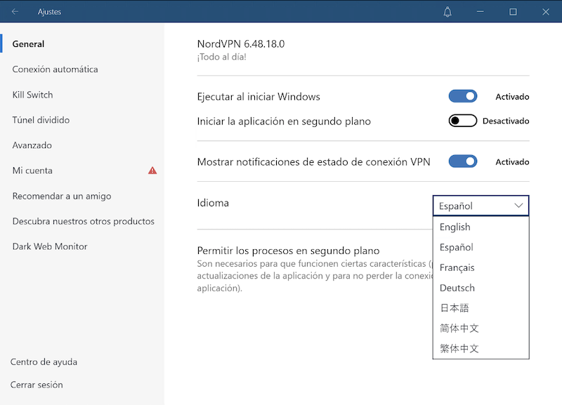 Configuración general de la aplicación de NordVPN para Windows