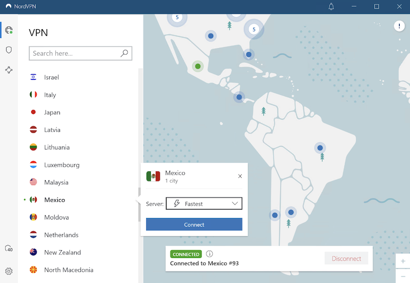 Lista de servidores de NordVPN en América del Sur en la aplicación