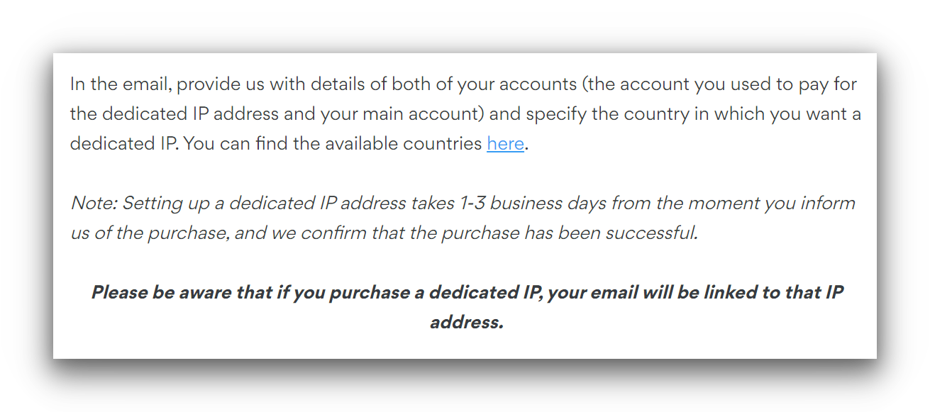 Fragment informacji na stronie internetowej NordVPN ostrzegający przed użyciem dedykowanego adresu IP
