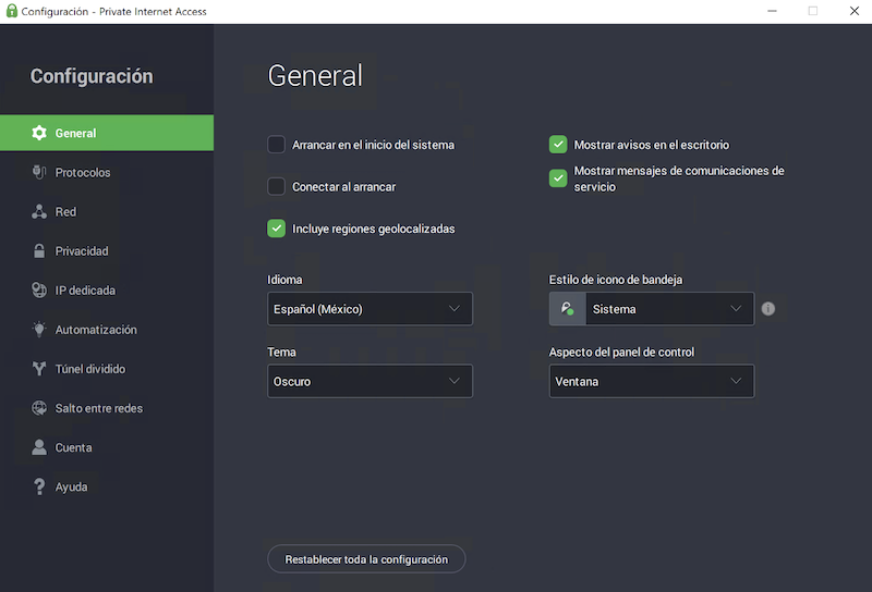 Configuración General de PIA en Windows