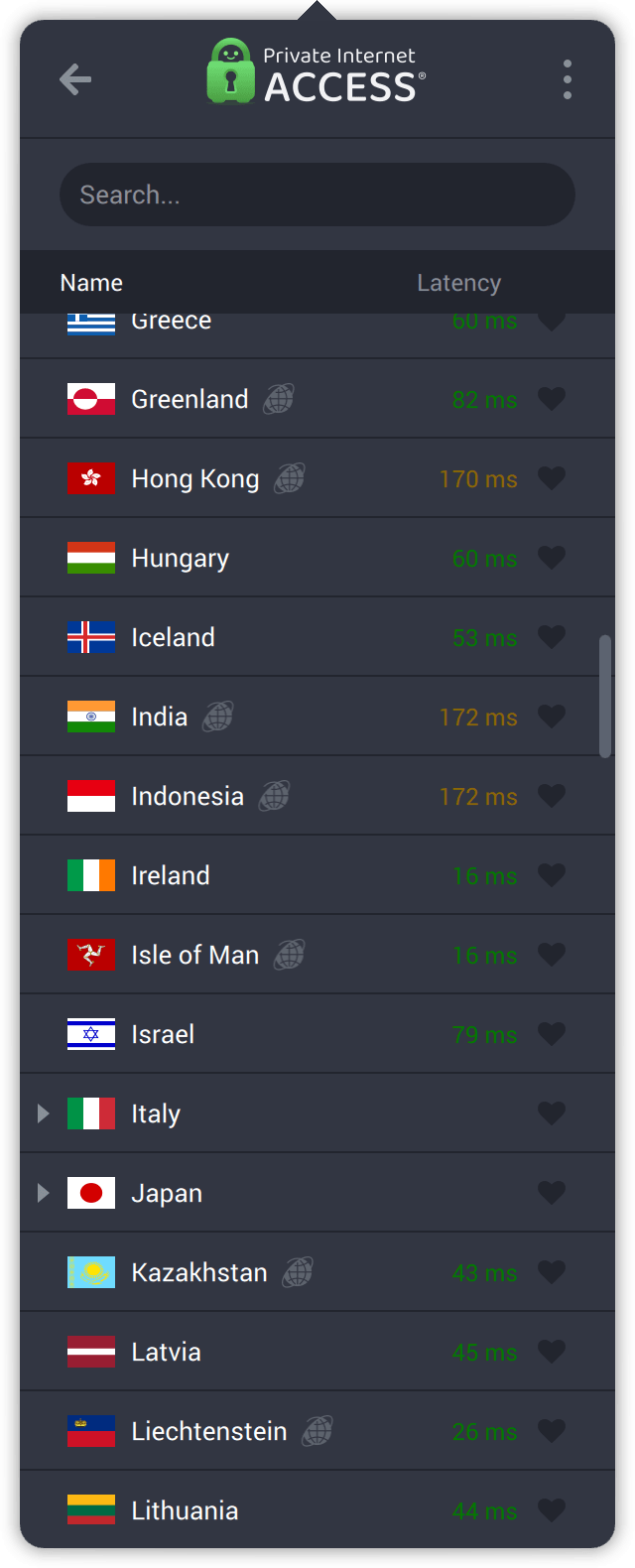 PIA's macOS client showing servers in Hong Kong, Japan, Indonesia, and more. 