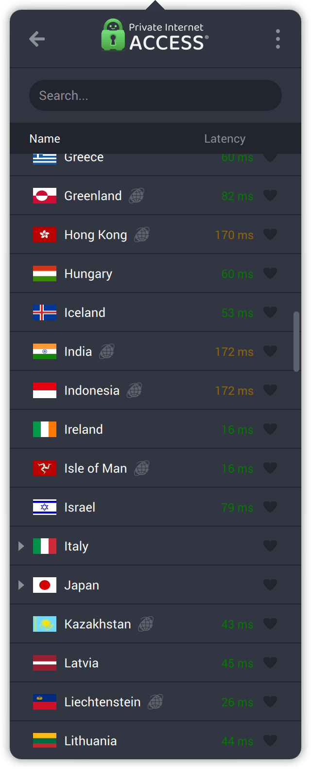 PIA's macOS client showing servers in Hong Kong, Japan, Indonesia, and more.
