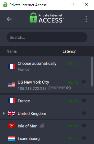 PIA's dedicated IP address listed in server locations