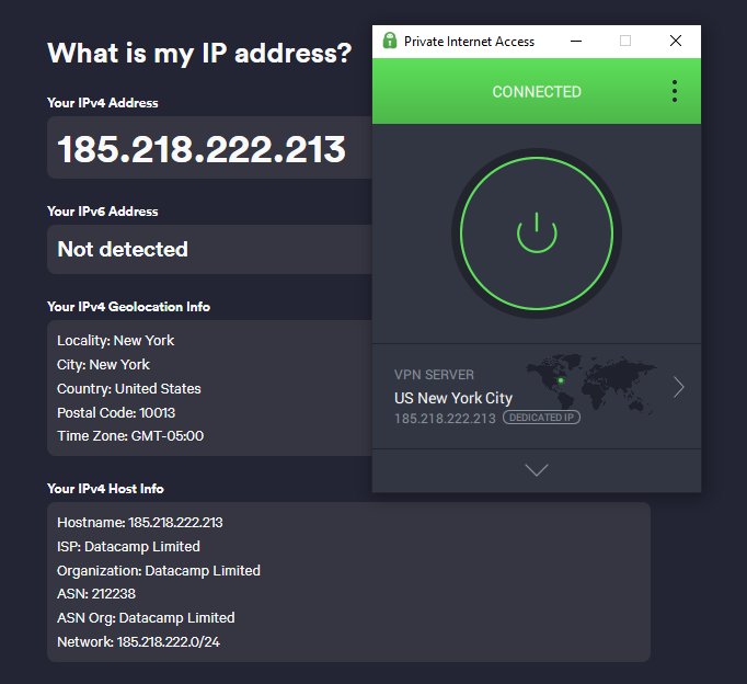 Verifying PIA's dedicated IP address with our IP lookup tool