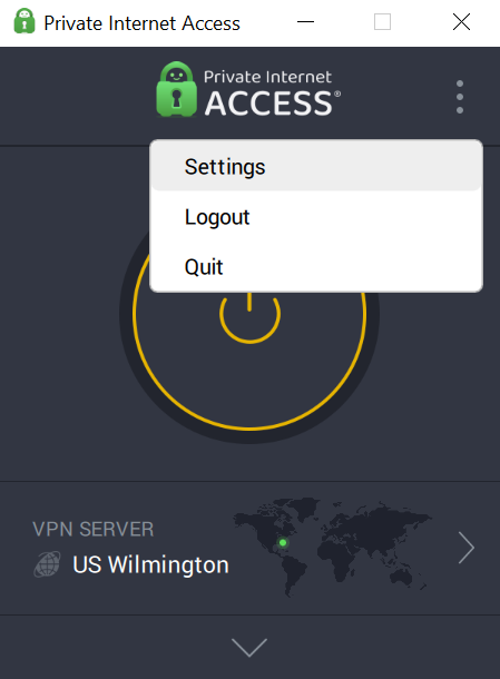 Drop-down menu in PIA's Windows client