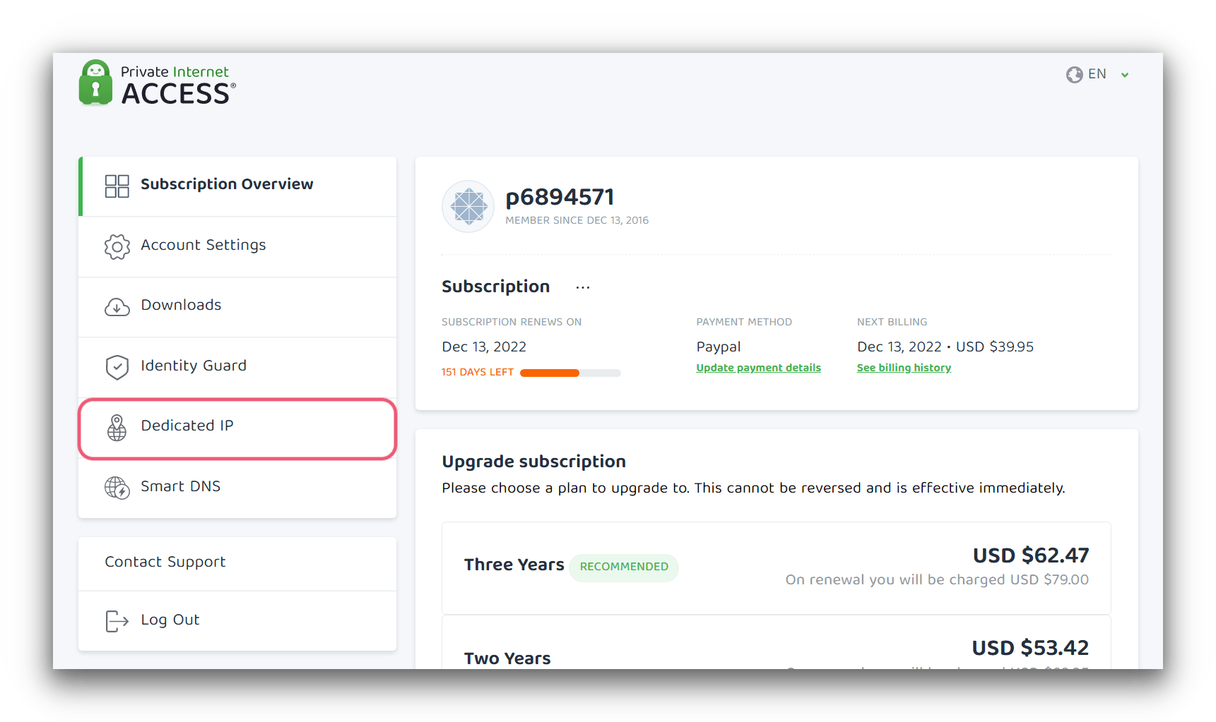 PIA's client menu with dedicated IP address highlighted