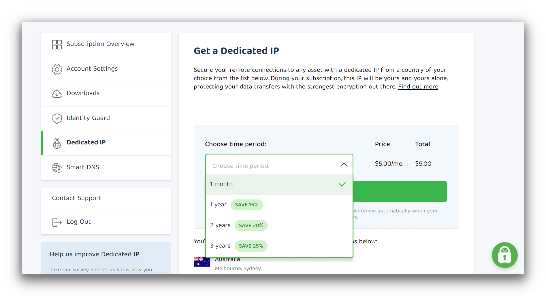 Choosing a subscription for PIA's dedicated IP address