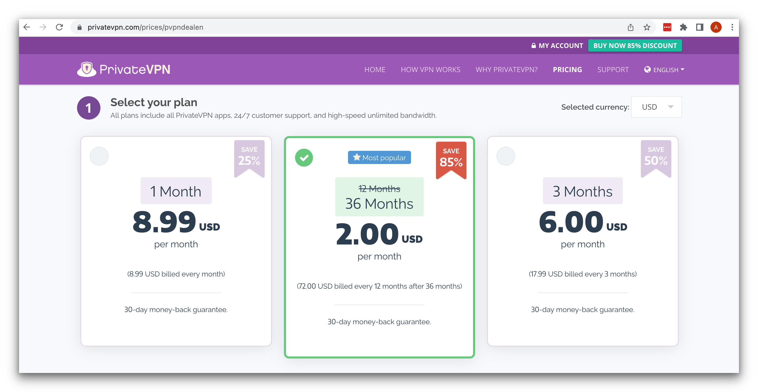 Screenshot of PrivateVPN's pricing on its website.
