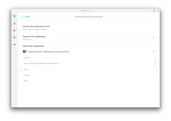 La configuración de idiomas de Surfshark