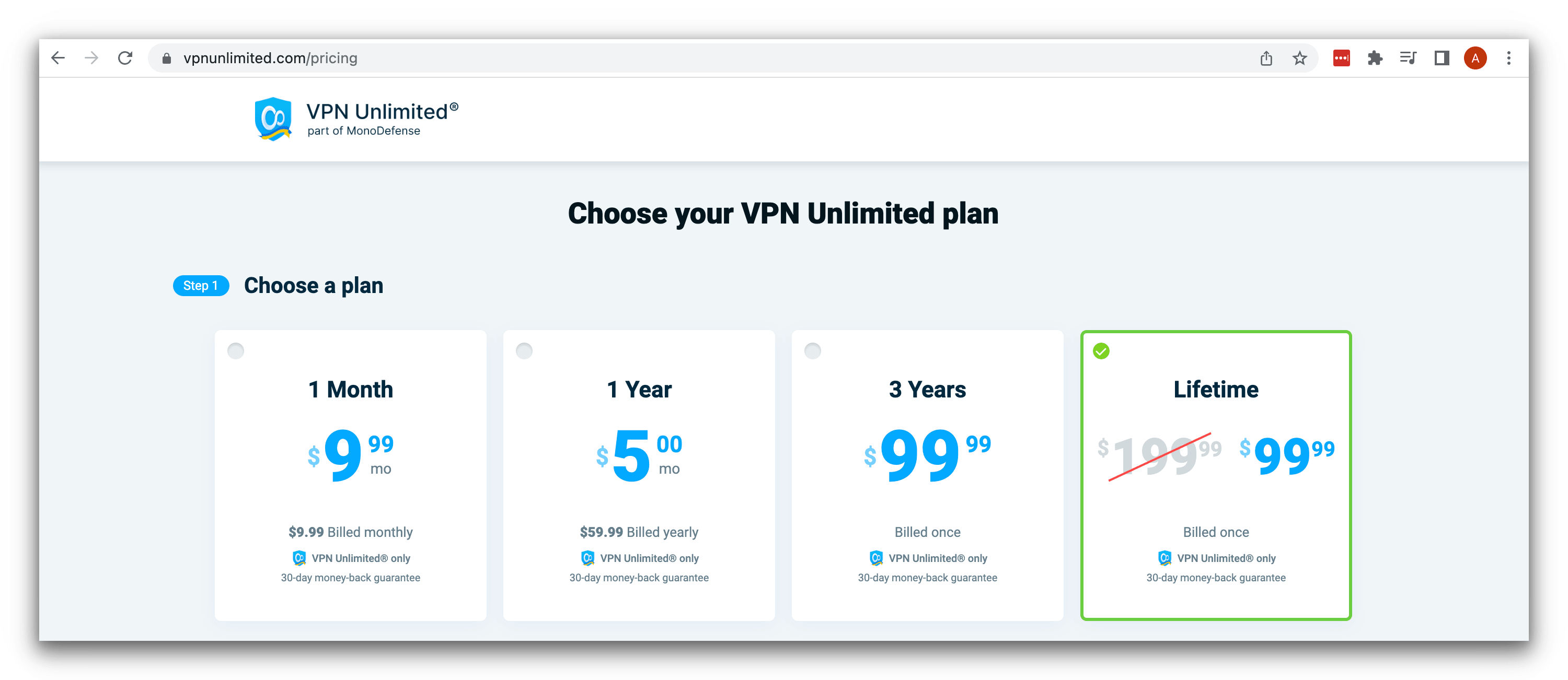Screenshot of VPN Unlimited's pricing plans on its official website.
